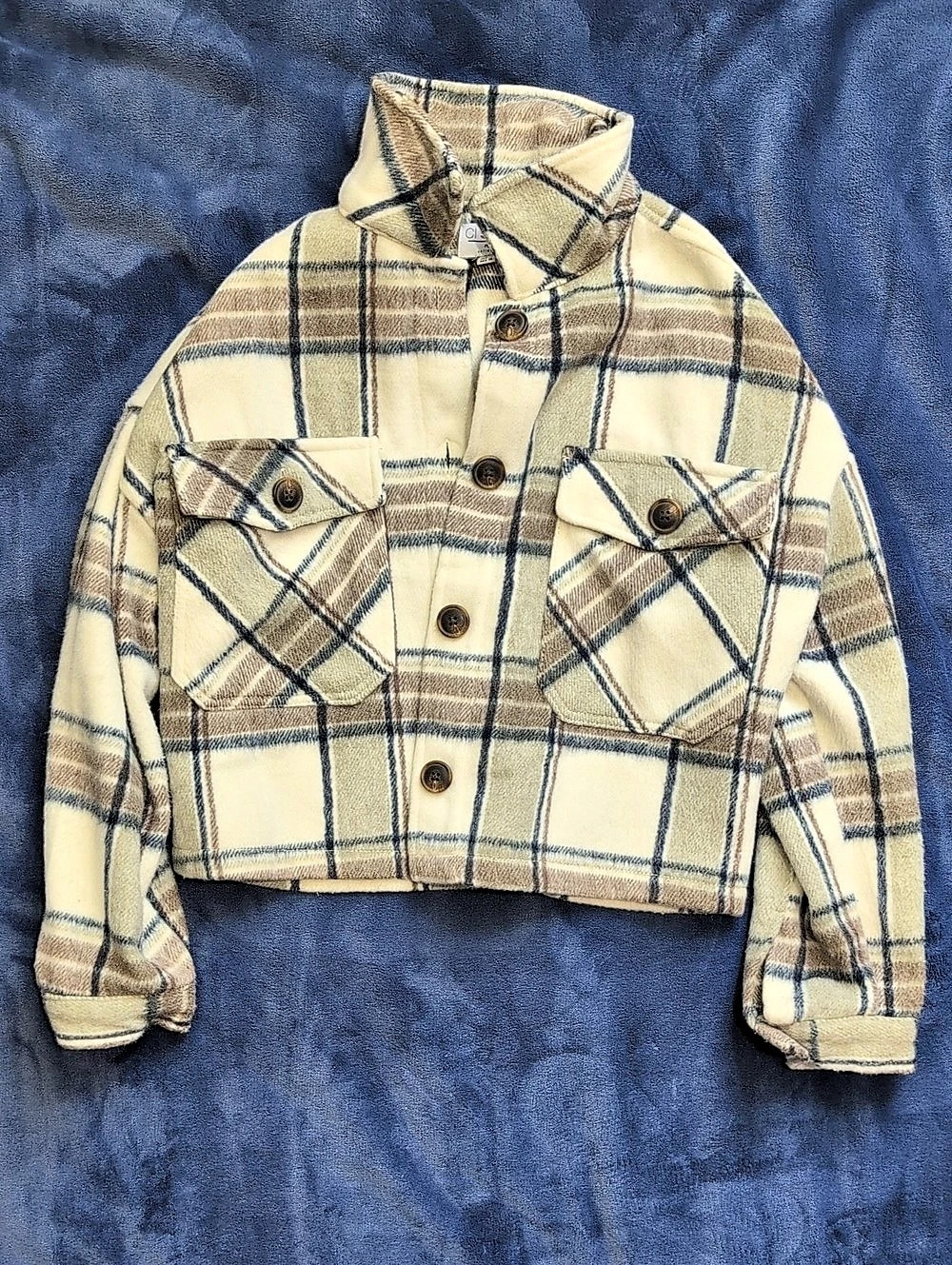 Cl Small O N O Plaid Collection Plaid Cropped Jacket in Cream & Blue Size Small